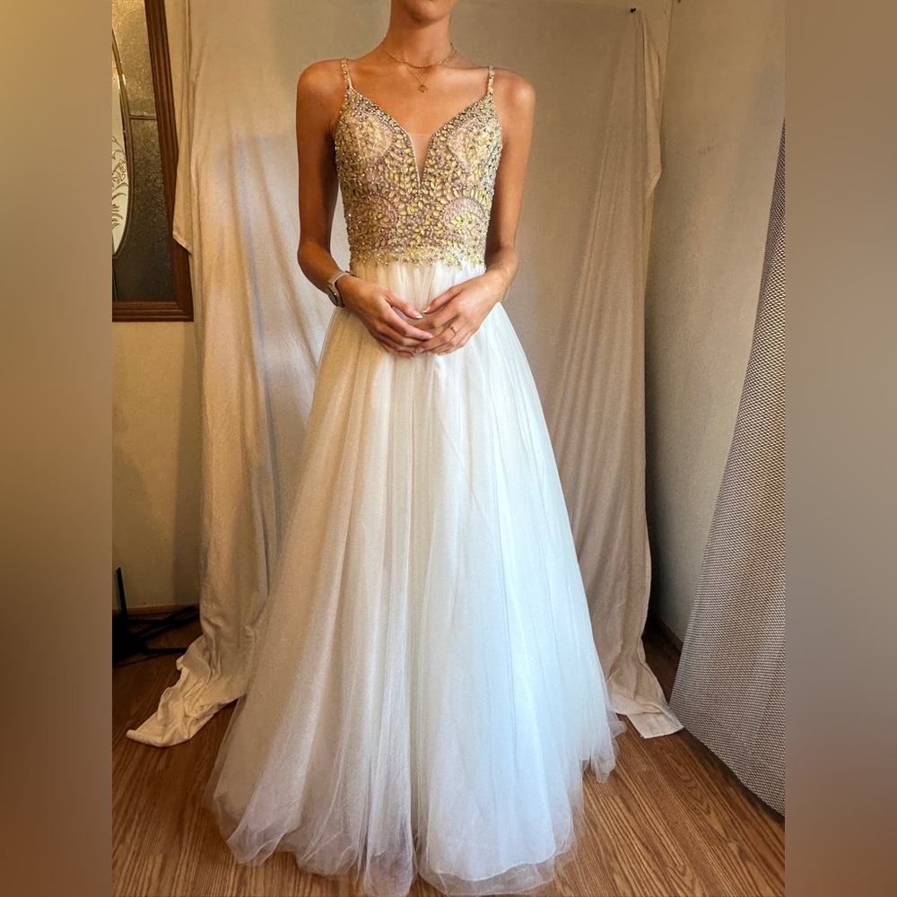 JVN by Jovani Gold and Cream Wedding Dress